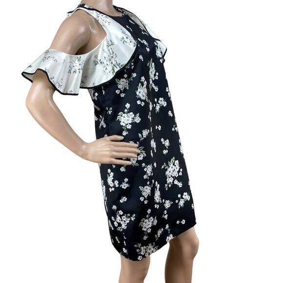 AMUR Jennifer Women Black White Floral Cold Shoulder Ruffle Sleeves Mini Dress 4 - Picture 6 of 9